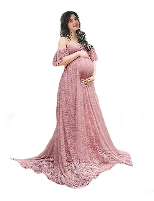 Off Shoulder Ruffle Sleeve Lace Maternity Gown Plus Maxi Photography Dress