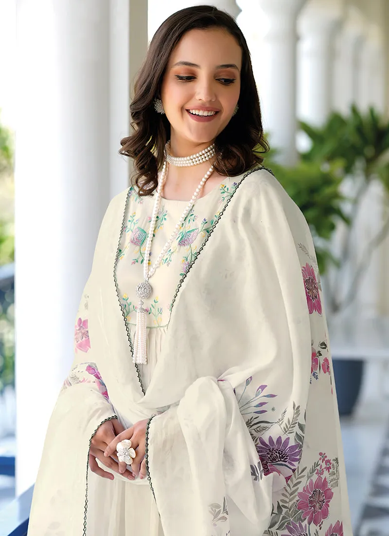 Off White Embroidery Cotton Anarkali Pant Suit