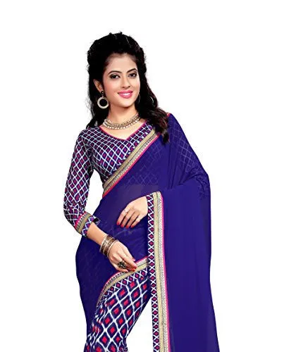 Oomph! Women's Georgette Sarees Party Wear/Fancy Georgette Sarees/Printed Georgette Sarees - Lapis Blue