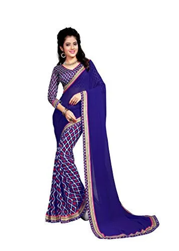 Oomph! Women's Georgette Sarees Party Wear/Fancy Georgette Sarees/Printed Georgette Sarees - Lapis Blue