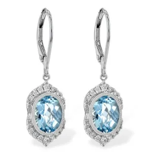 Oval Aquamarine & Diamond Dangle Drop Earrings