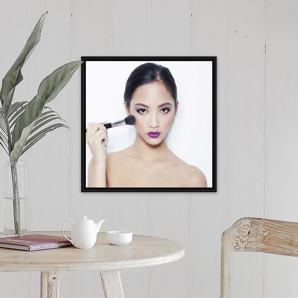 "Beautiful Asian woman applying Make-Up" Black Float Frame Canvas Art