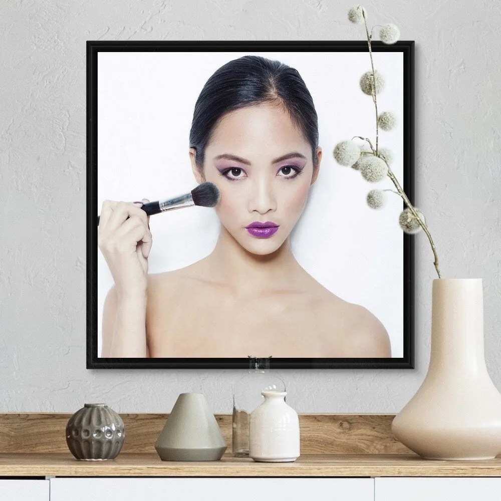 "Beautiful Asian woman applying Make-Up" Black Float Frame Canvas Art