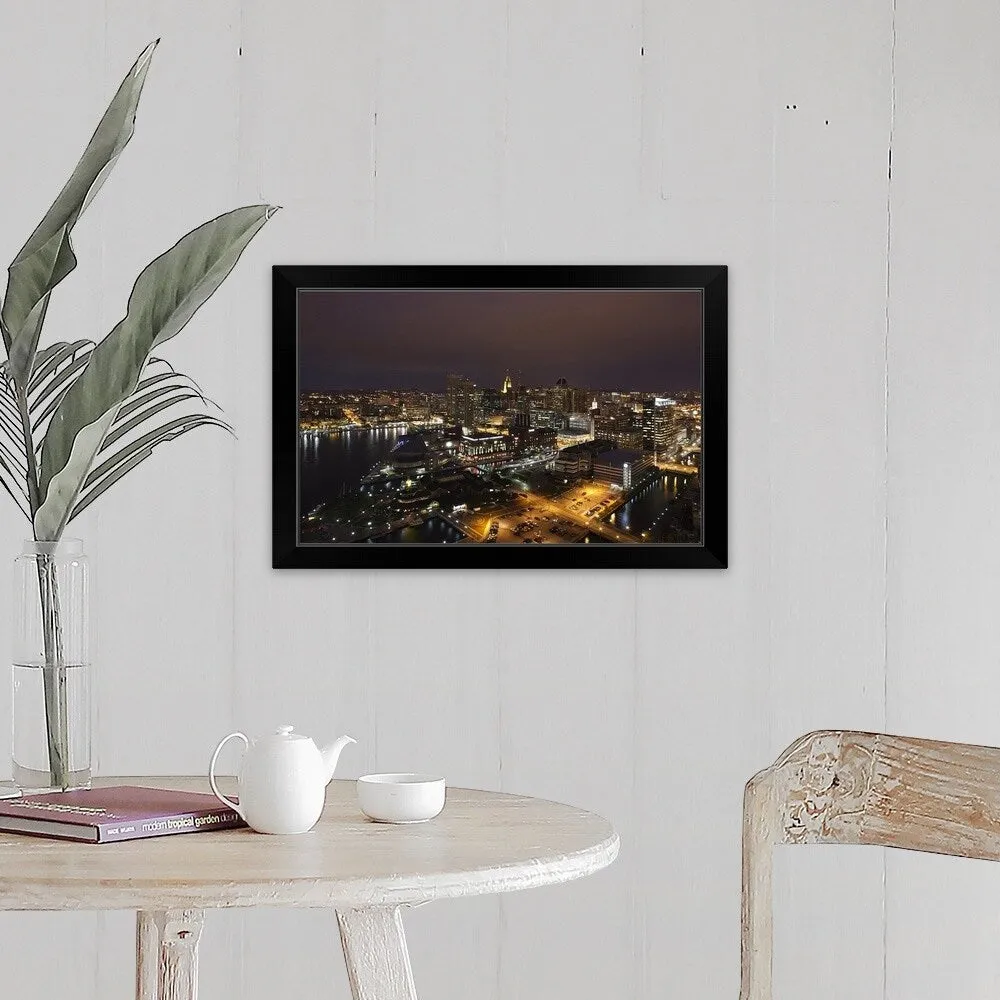 "Buildings near a harbor, Inner Harbor, Baltimore, Maryland" Black Framed Print