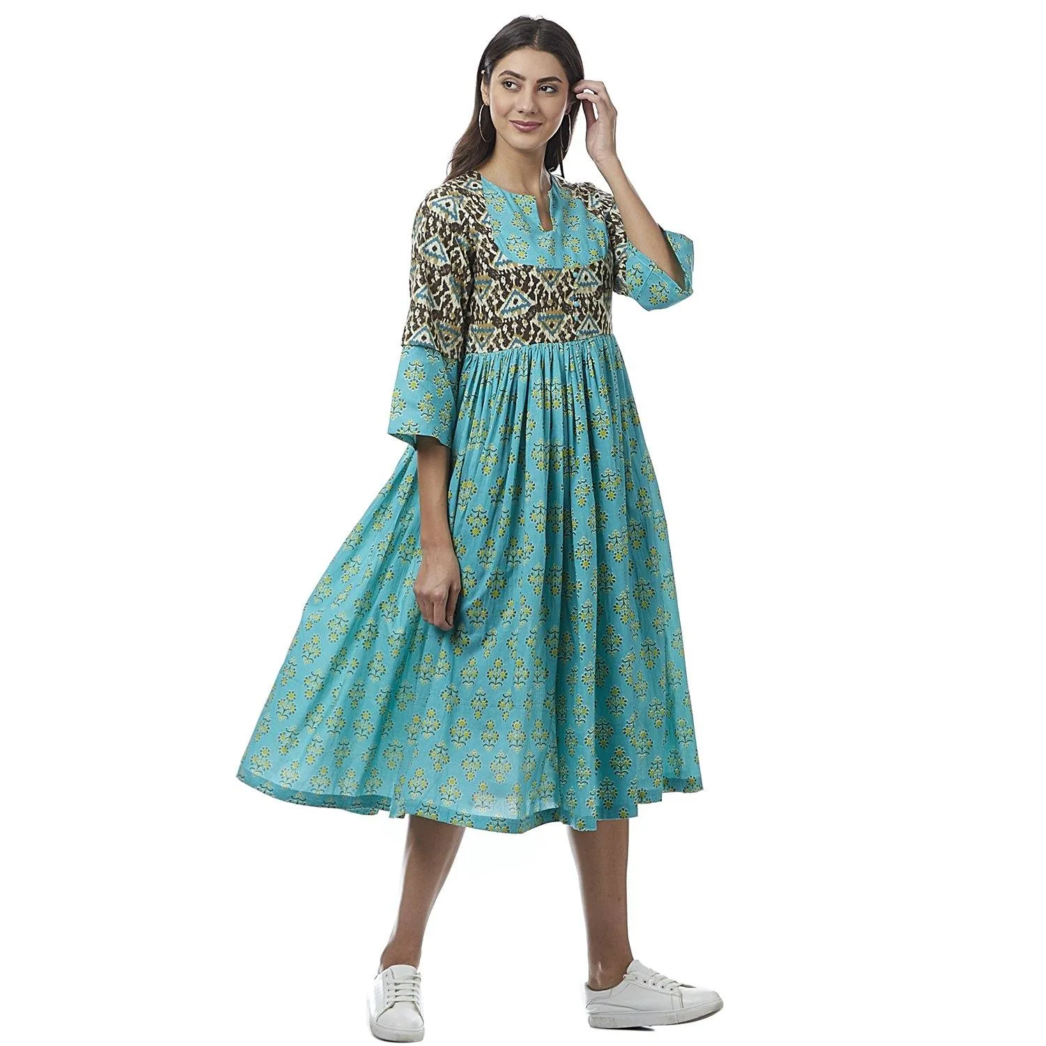 Readymade Blue Printed Cotton Long Kurta