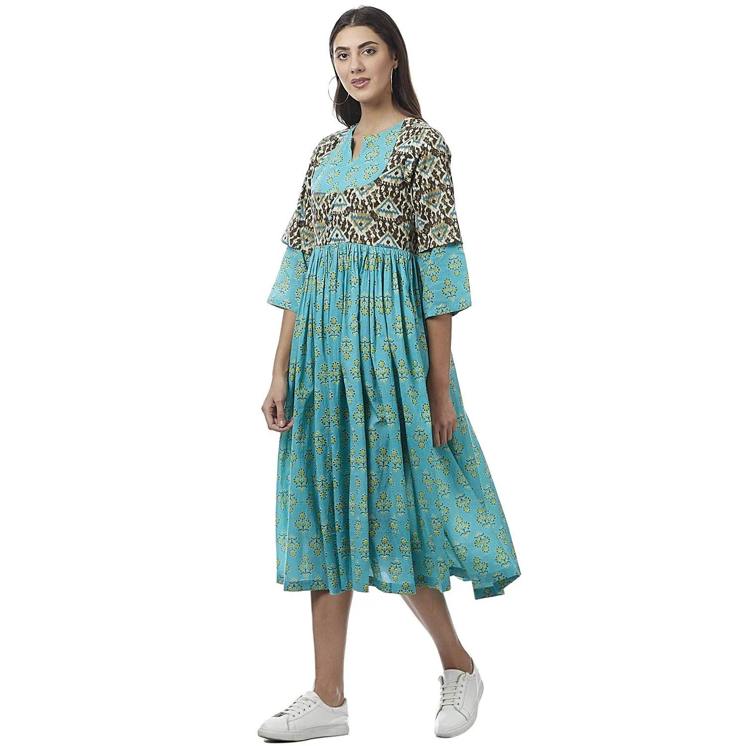 Readymade Blue Printed Cotton Long Kurta