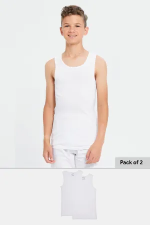 Senior Boys White Sleeveless Basic Vest Set (Pack of 2)