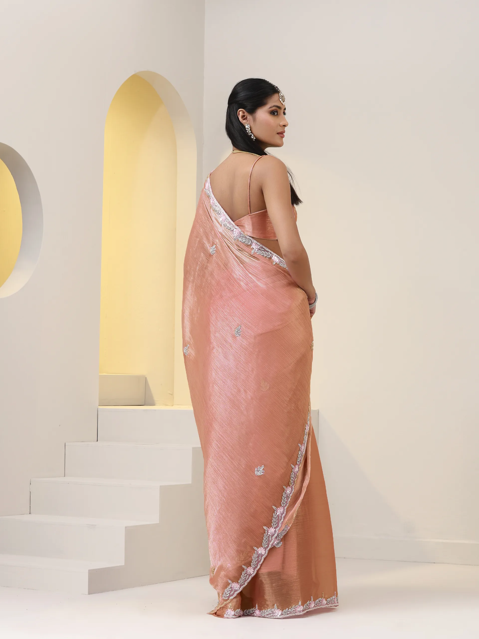 Shades of Peach Pink Hand Sequin Beaded Organza Saree with Blouse Fabric