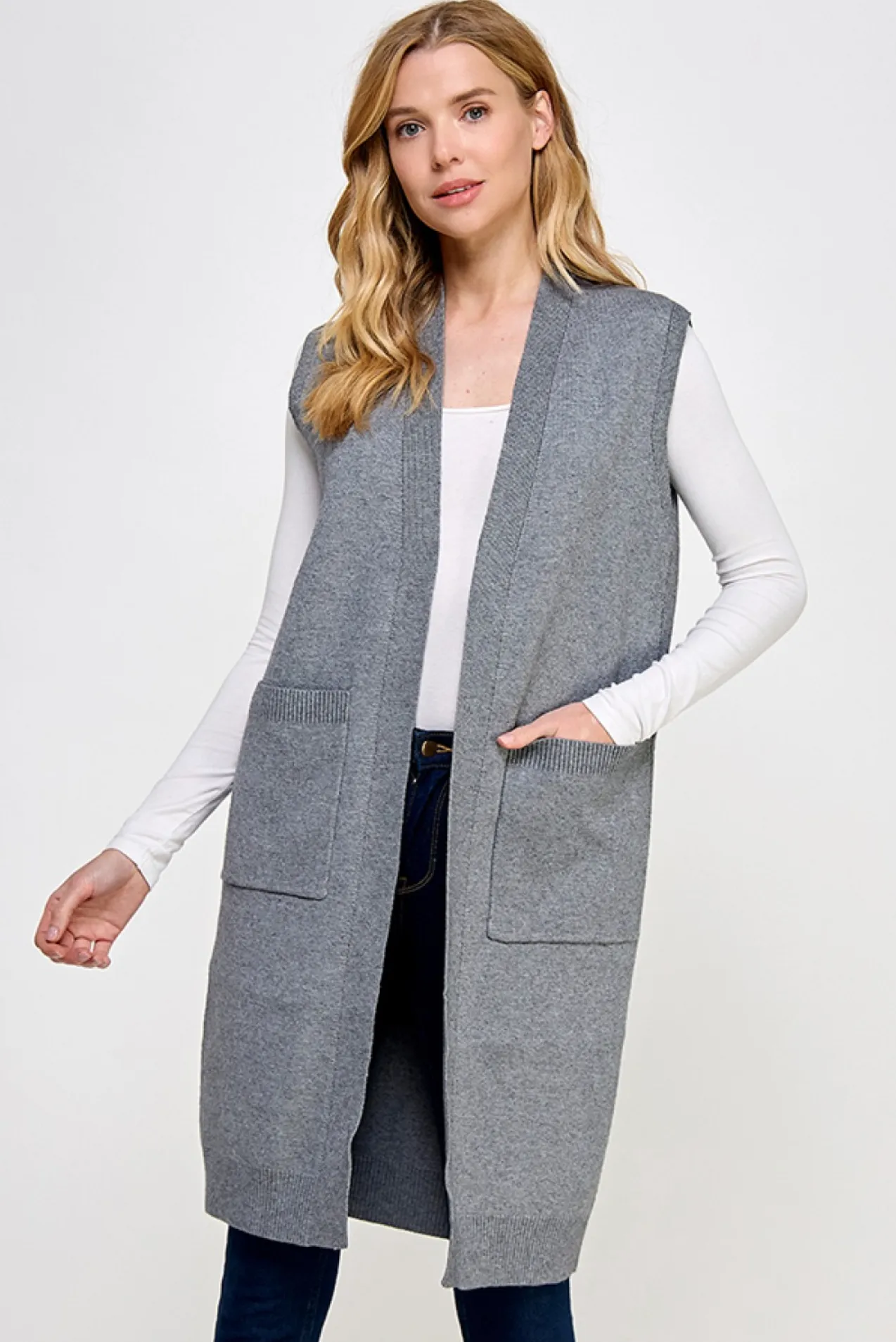 Solid Long Sweater Vest - Grey