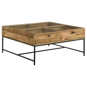 Stephie - 4-Drawer Square Glass Top Coffee Table - Honey Brown