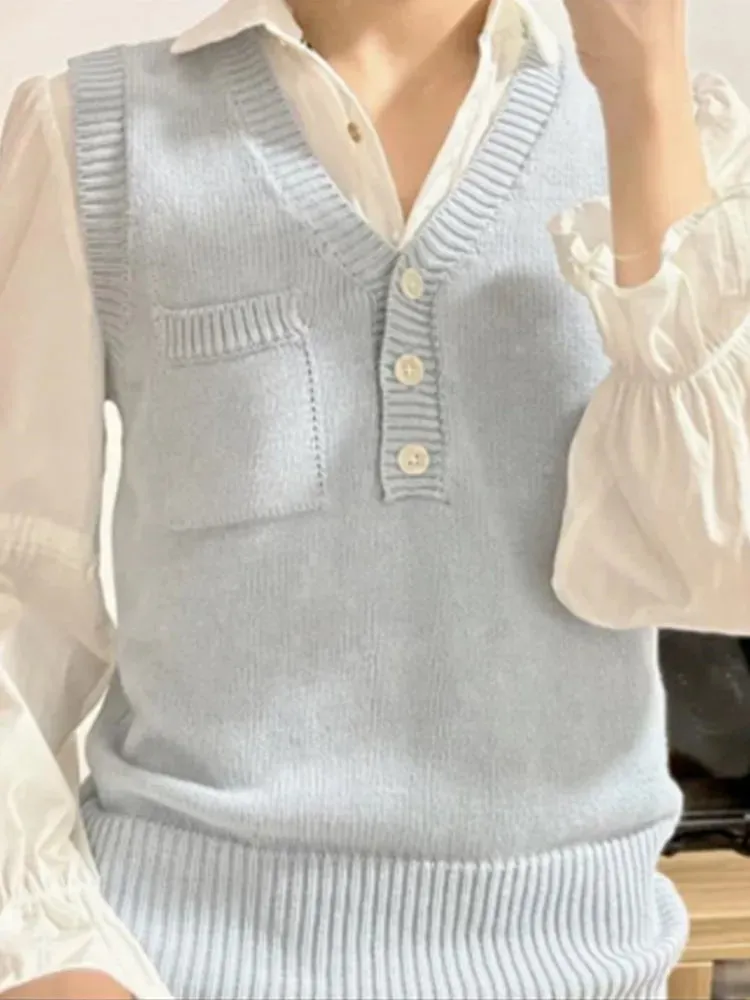 TAVIMART  -  Casual Women Blue Front Buttons Knit Tank Tops Fall Fashion Solid Color V Neck Sleeveless Vests Female Chic Tops