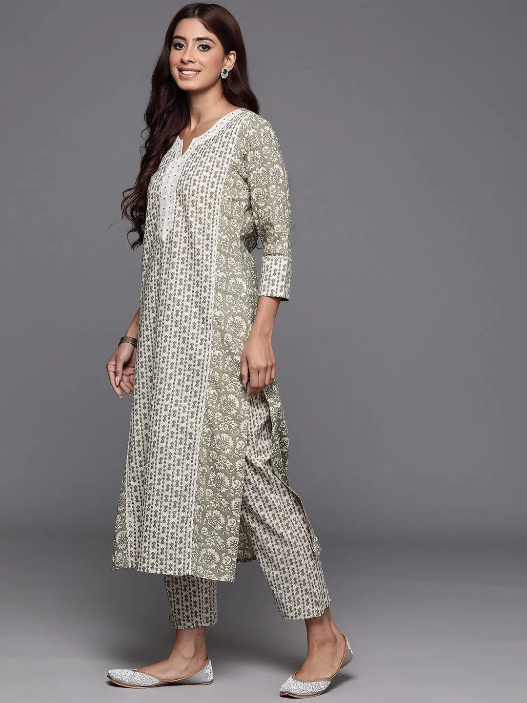 Varanga Women Olive Green Floral Printed Straight Kurta With Tonal Printed Bottom