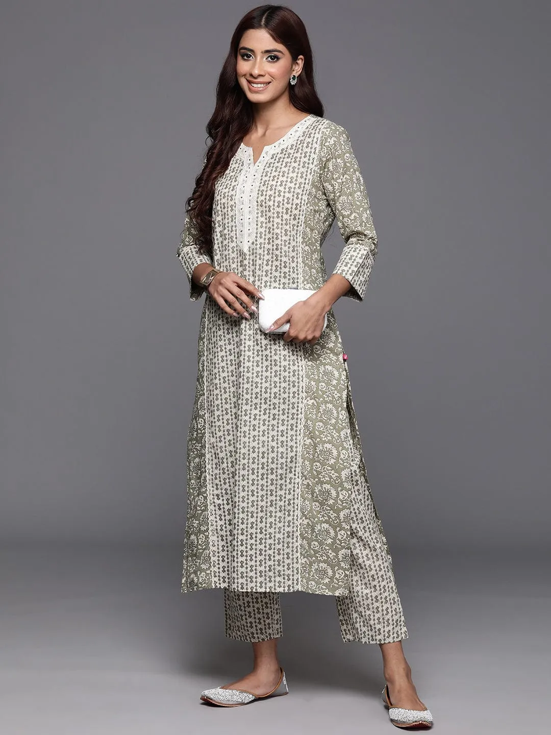 Varanga Women Olive Green Floral Printed Straight Kurta With Tonal Printed Bottom