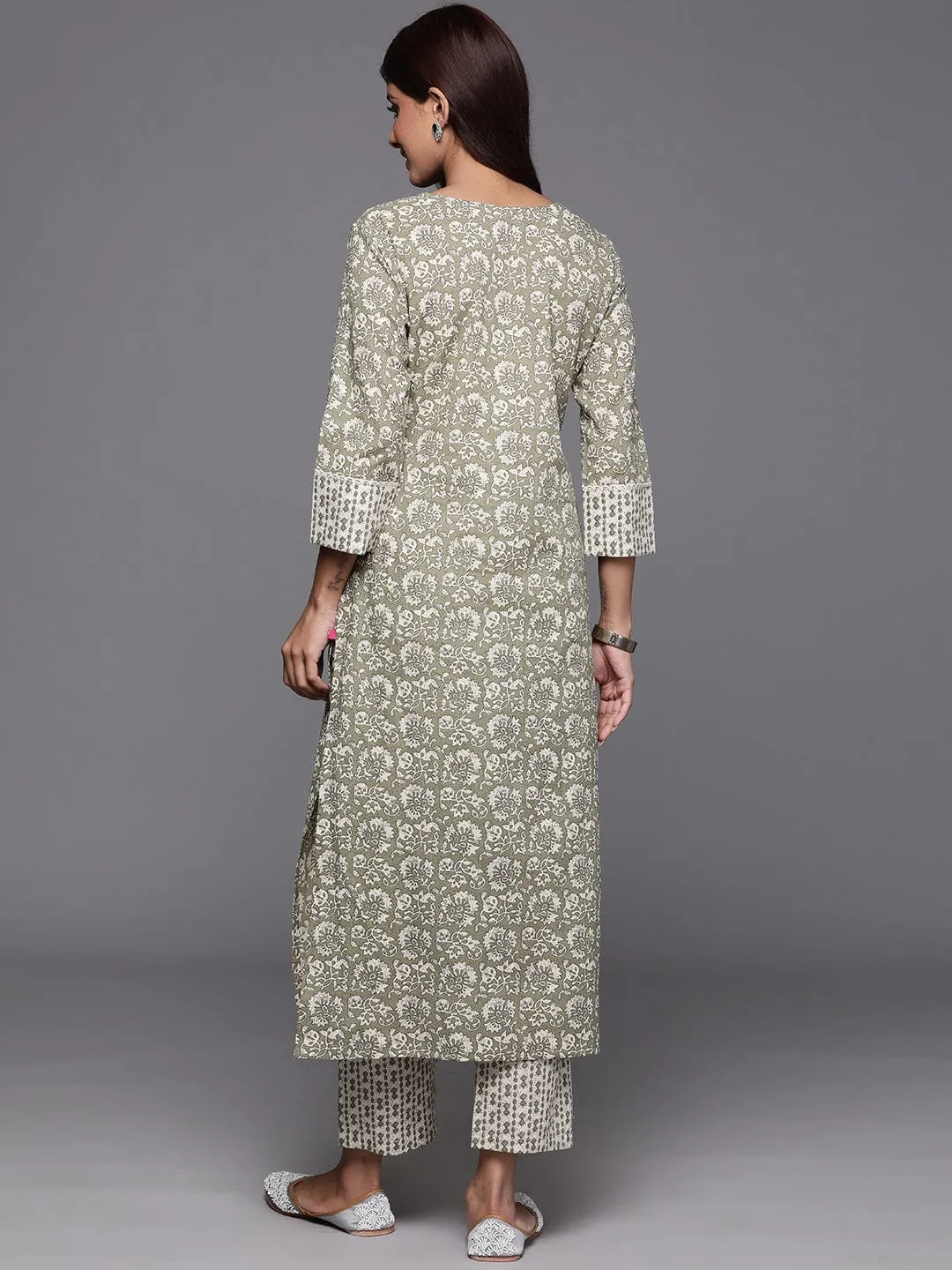 Varanga Women Olive Green Floral Printed Straight Kurta With Tonal Printed Bottom