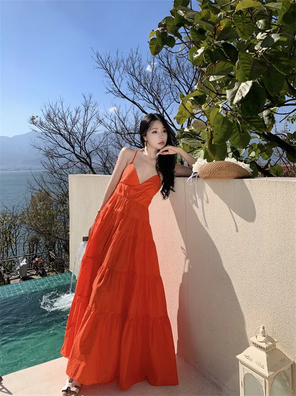 Vibrant Orange Backless Tiered Maxi Dress