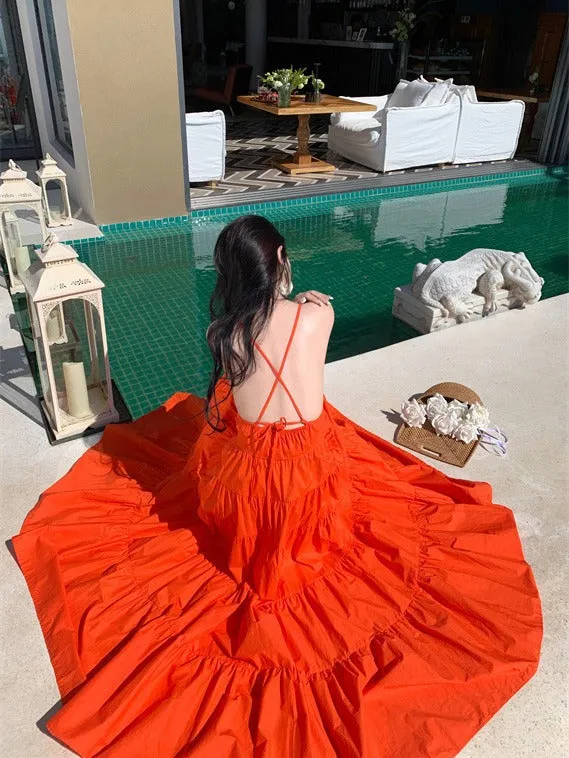 Vibrant Orange Backless Tiered Maxi Dress