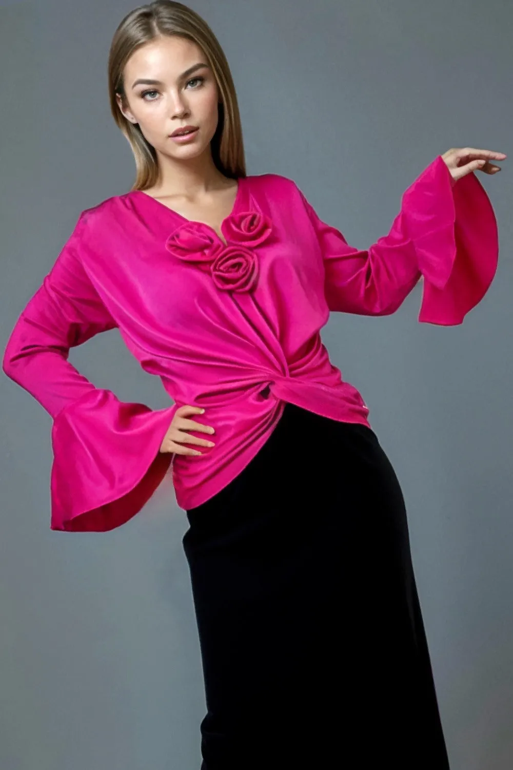 W5703 ELEGANT BELL SLEEVES TOP (PINK, WHT)