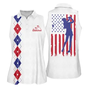 Womens Golf Polo Shirt, Addicted American Flag Sleeveless Polo Shirt, Polo Shirt Women Golf Shirt