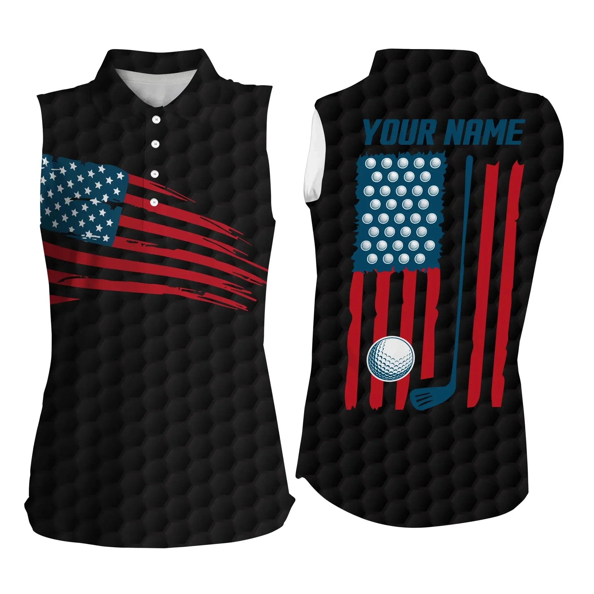 Womens Sleeveless polo shirt, American flag patriotic golf shirts, custom name golf gifts