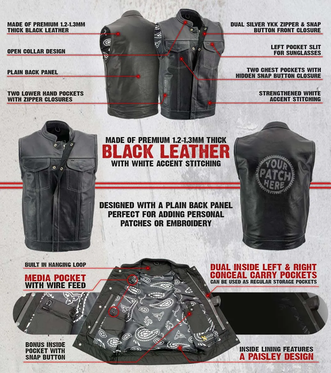 Xelement XS3450 Men's Black 'Paisley' Leather Motorcycle Biker Rider Vest with White Stitching