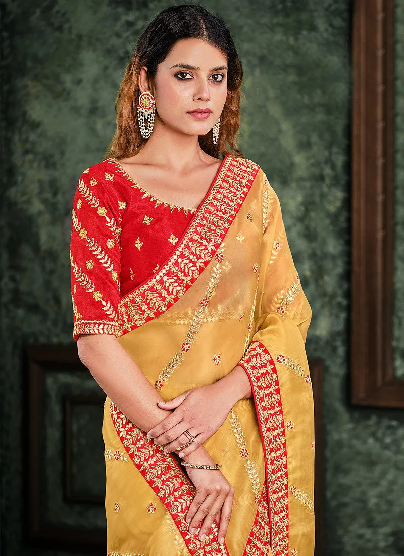 Yellow And Red Multi Embroidered Designer Saree