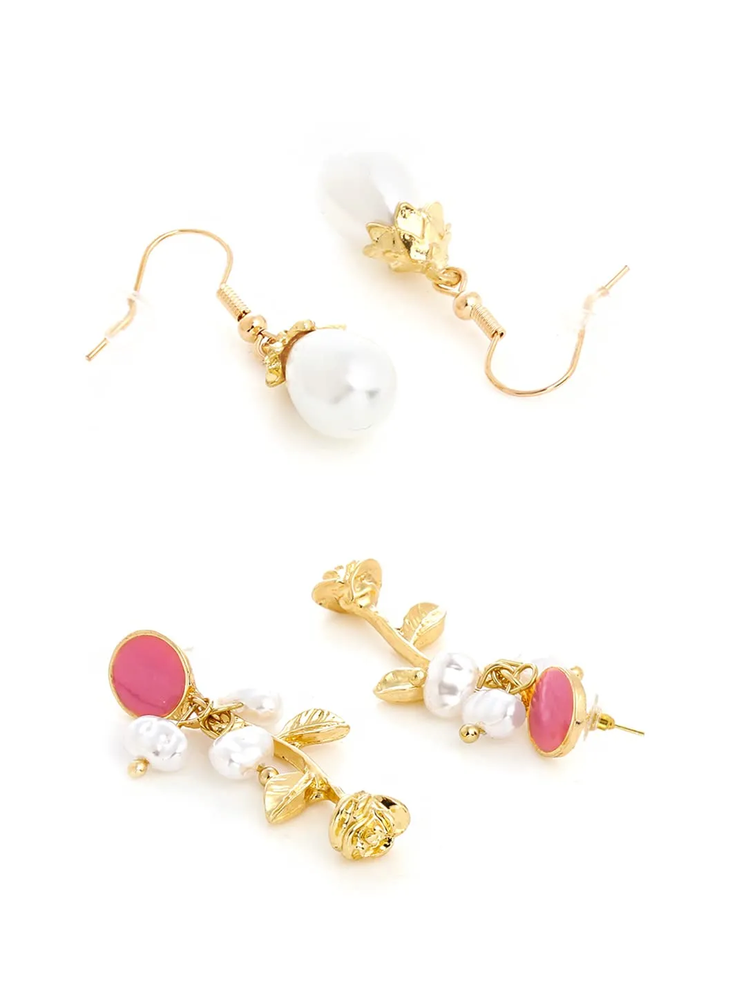 Yellow Chimes Combo of 2 Pairs Latest Fashion Gold Plated Floral Pearl Design Drop Earrings for Women and Girls, Medium (YCFJER-03PRLDGN-C-WH)