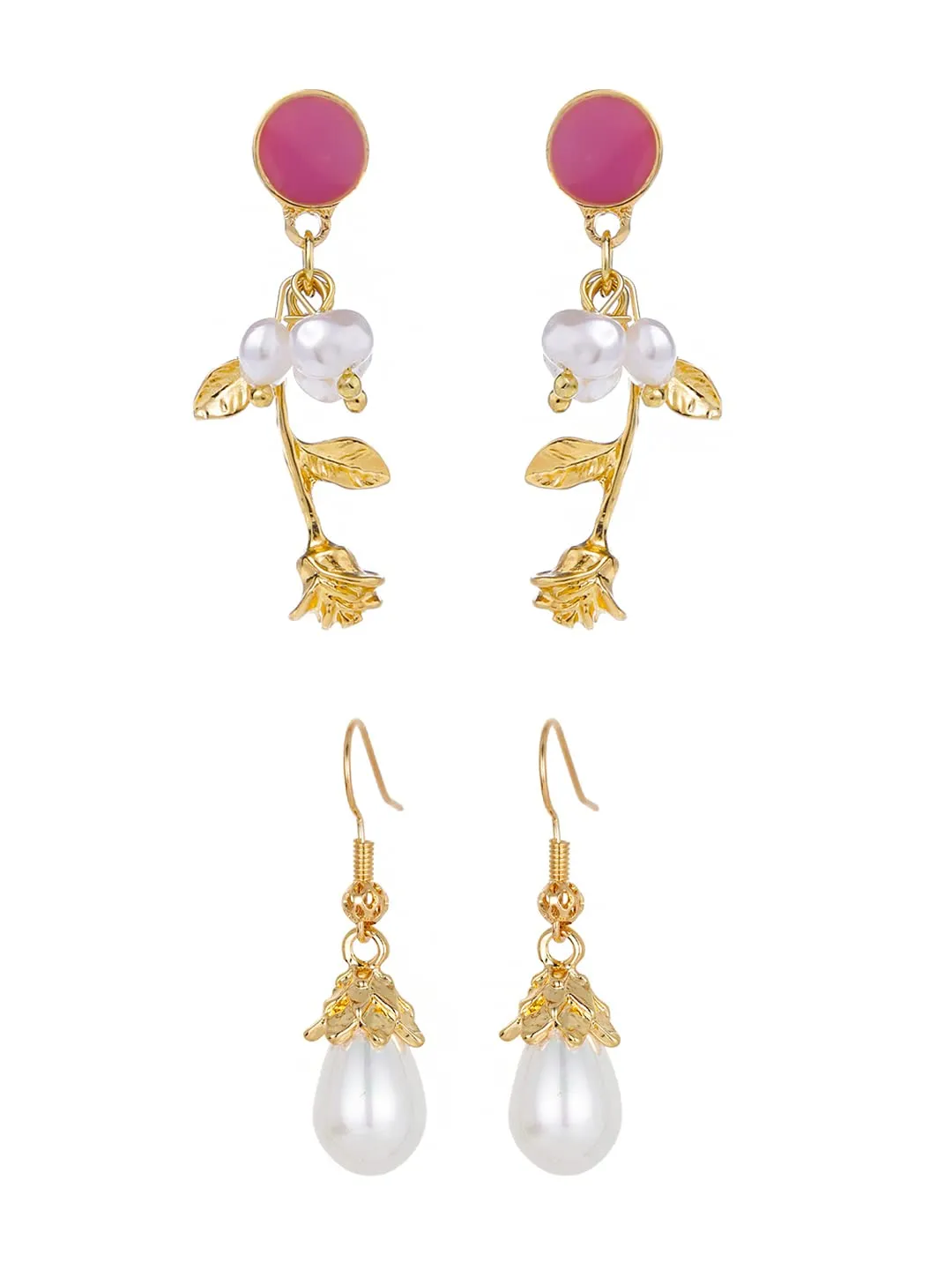 Yellow Chimes Combo of 2 Pairs Latest Fashion Gold Plated Floral Pearl Design Drop Earrings for Women and Girls, Medium (YCFJER-03PRLDGN-C-WH)