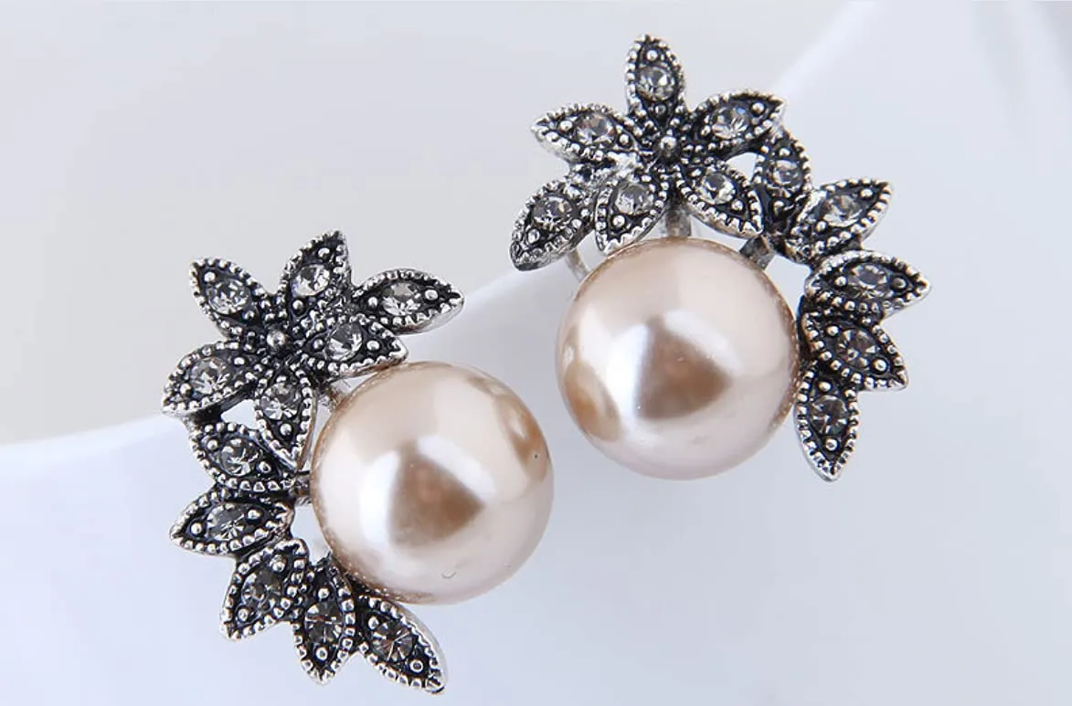 Yellow Chimes Latest Fashion Silver Plated Floral Crystal Pearl Design Stud Earrings for Women and Girls, White, Medium (YCFJER-PRLFLWR-BK)