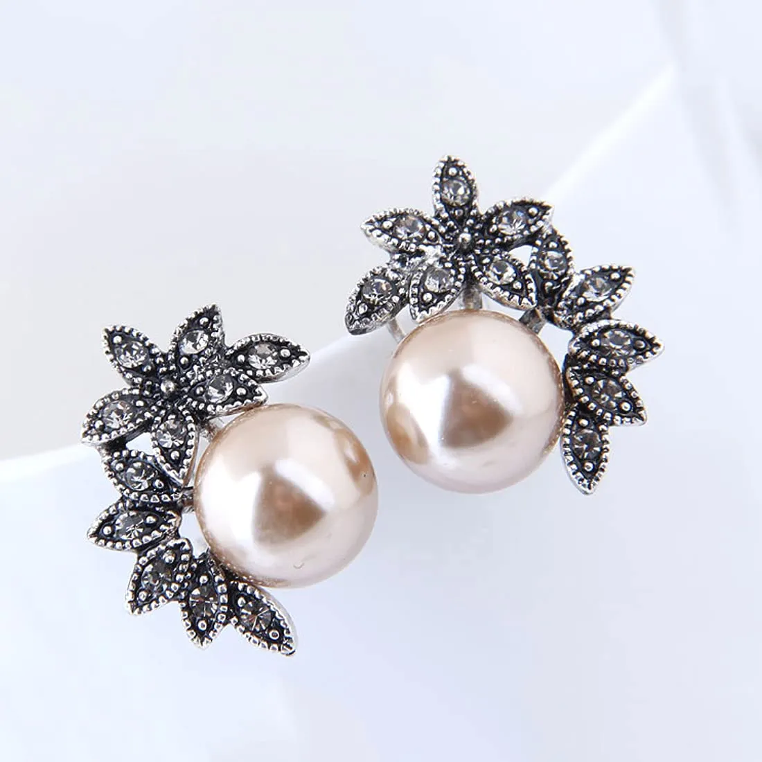 Yellow Chimes Latest Fashion Silver Plated Floral Crystal Pearl Design Stud Earrings for Women and Girls, White, Medium (YCFJER-PRLFLWR-BK)