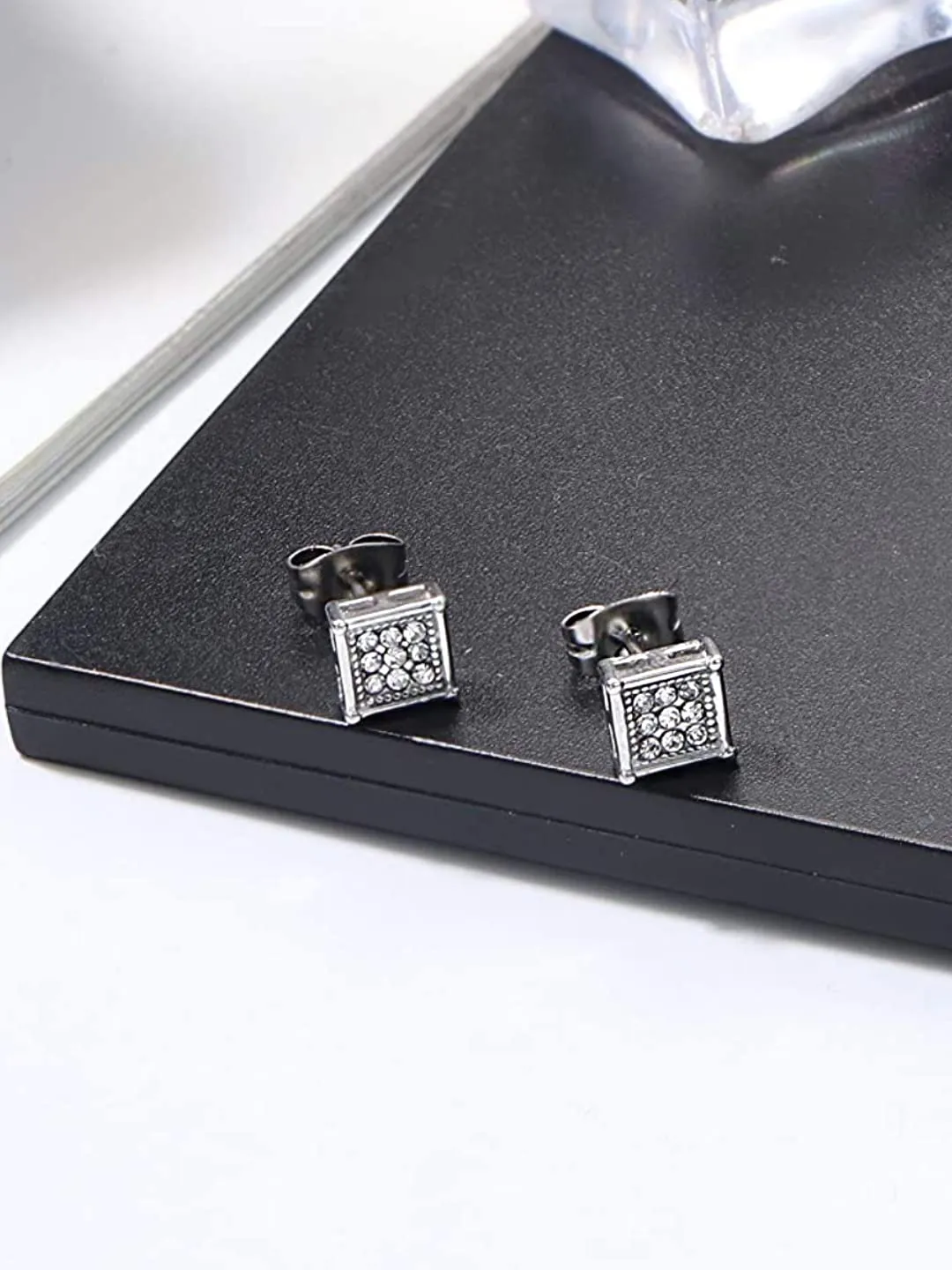 Yellow Chimes Stud Earrings for Men Fashion Stainless Steel Silver Crystal Square Stud Earrings for Men and Women