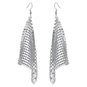 Yellow Chimes Tassel Earrings for Women Metallic Mesh Grid Sequins Silver Tassel Long Drop Earrings Women and Girls.