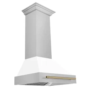 ZLINE 36" Autograph Edition DuraSnow® Stainless Steel Range Hood with White Matte Shell and Champagne Bronze Handle (8654SNZ-WM36-CB)